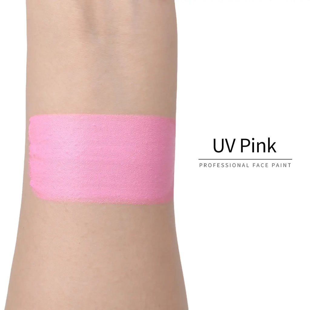 Anka Bella UV Pink face paint arm swatch, bright neon pink UV glow body paint sample