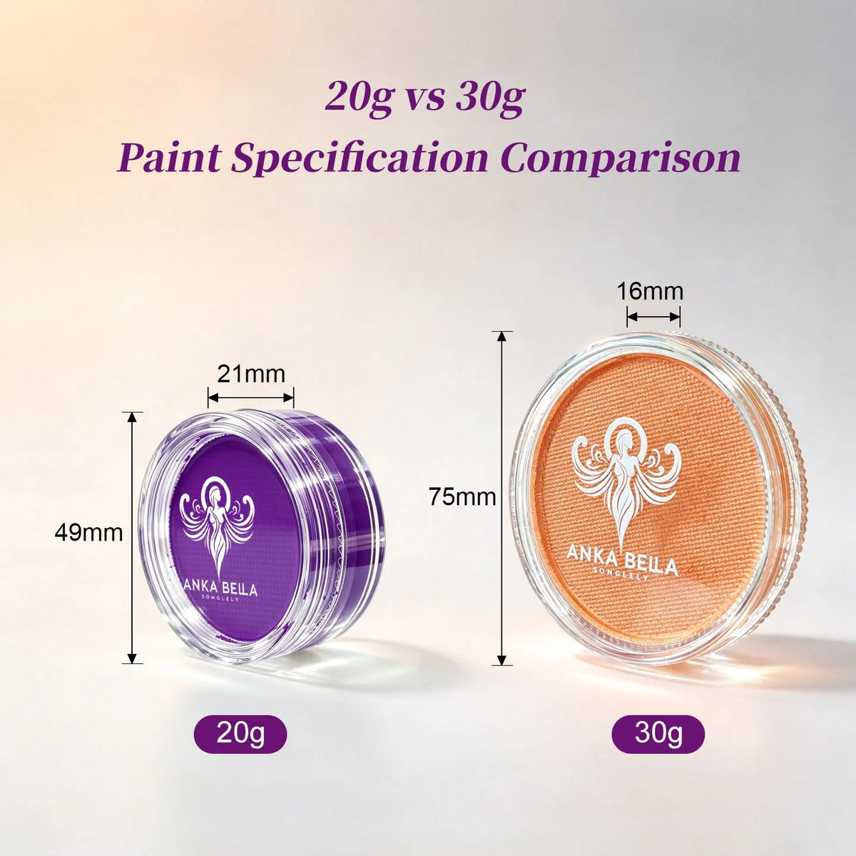 Anka Bella 20g vs 30g face paint cake size dimension comparison chart