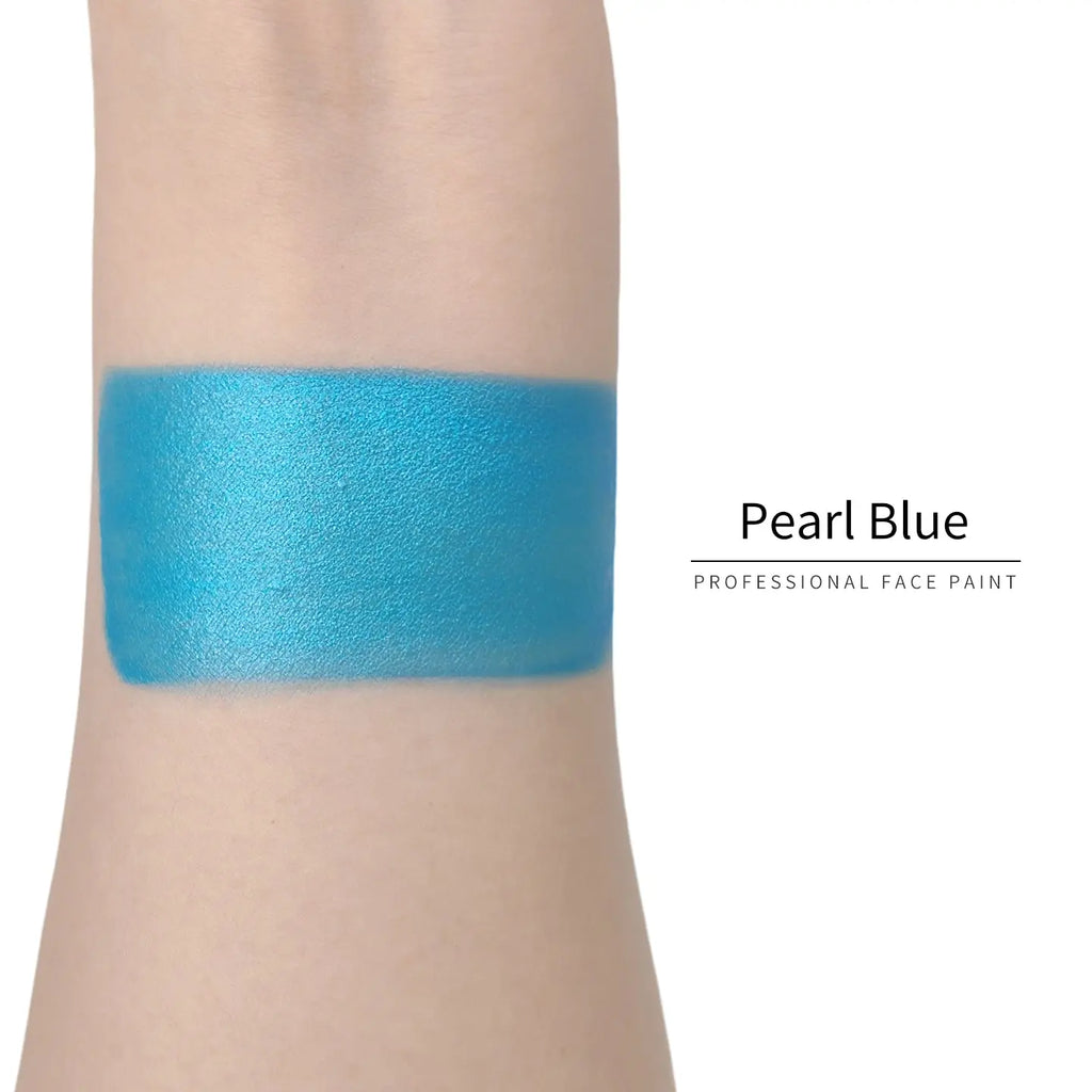 Anka Bella Pearl‑Blue face paint arm swatch, vibrant shimmer pearl‑blue body paint sample on skin