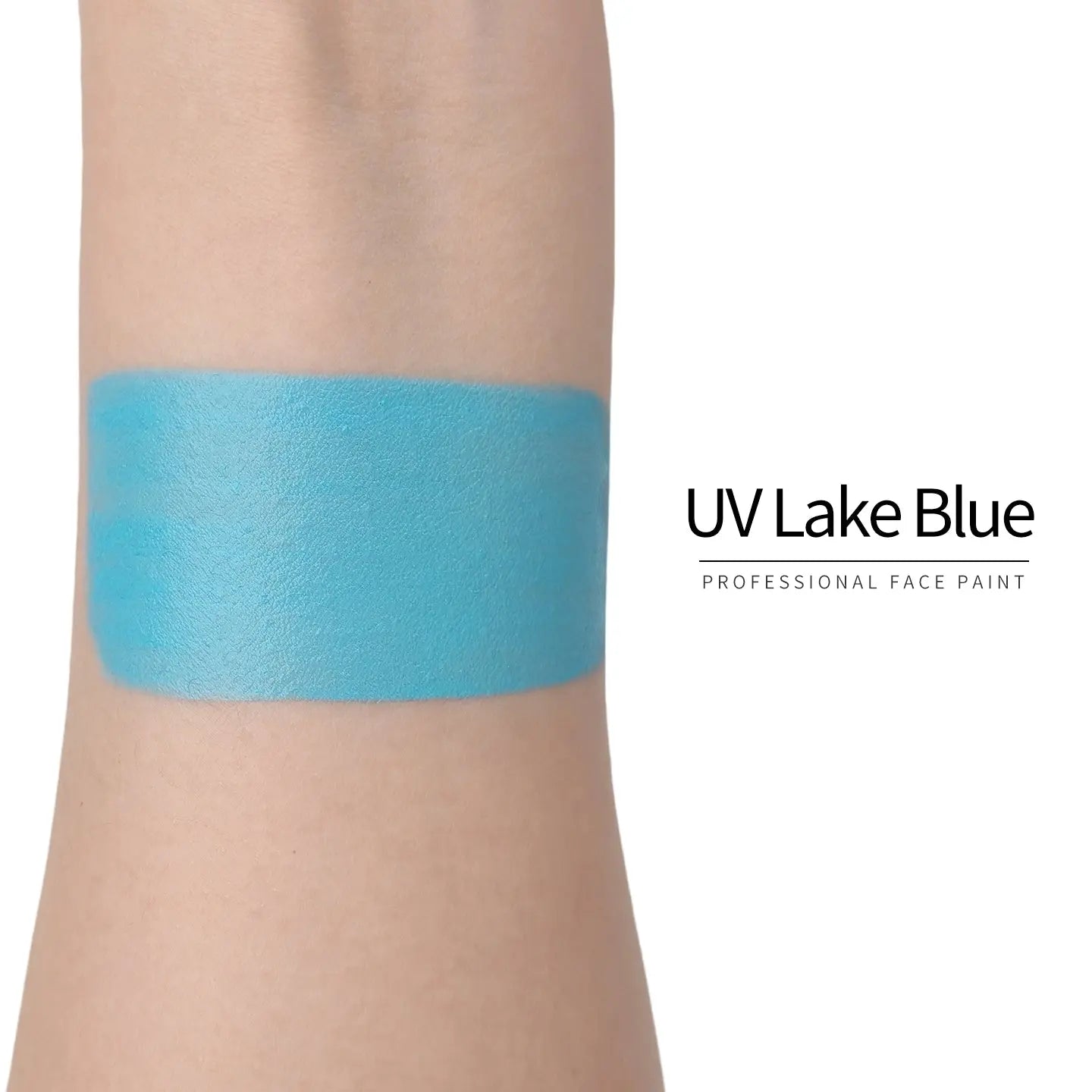 Anka Bella UV Lake Blue face paint arm swatch, bright neon lake blue UV glow body paint sample