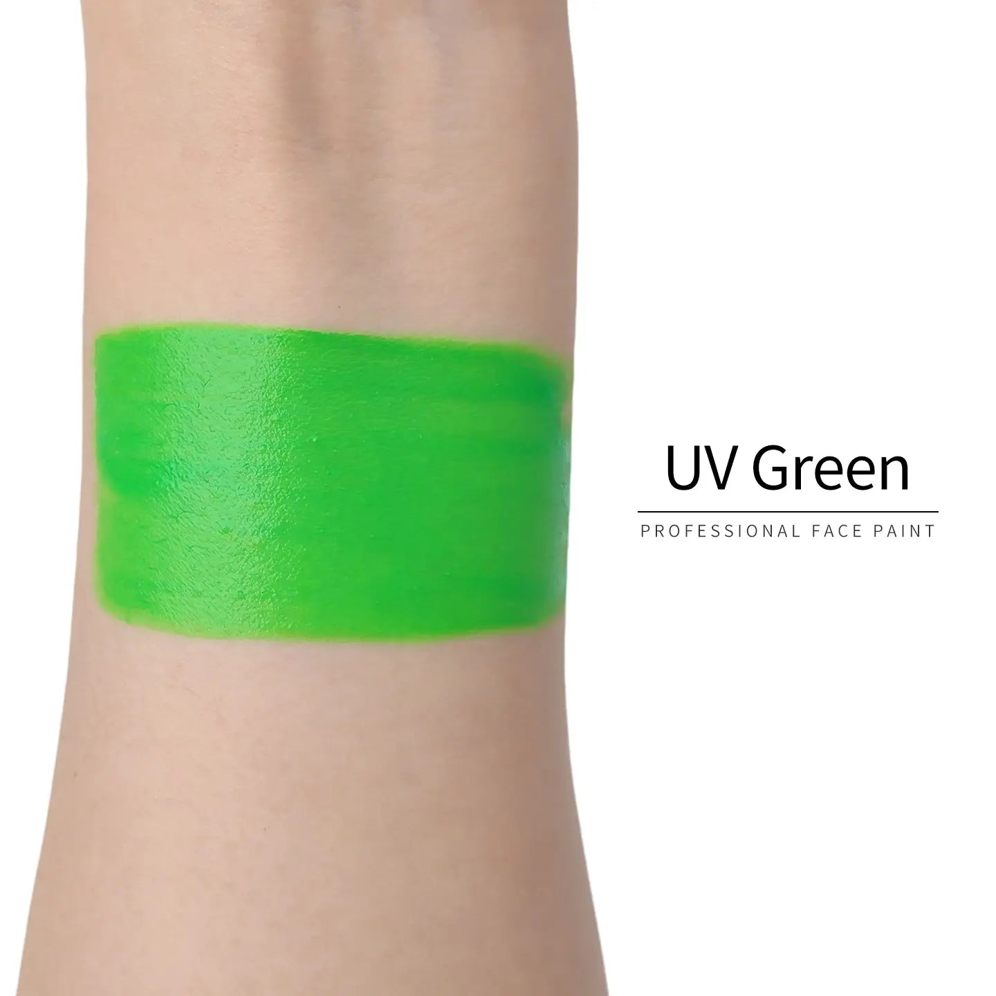 Anka Bella UV Green face paint arm swatch, bright neon green UV glow body paint sample