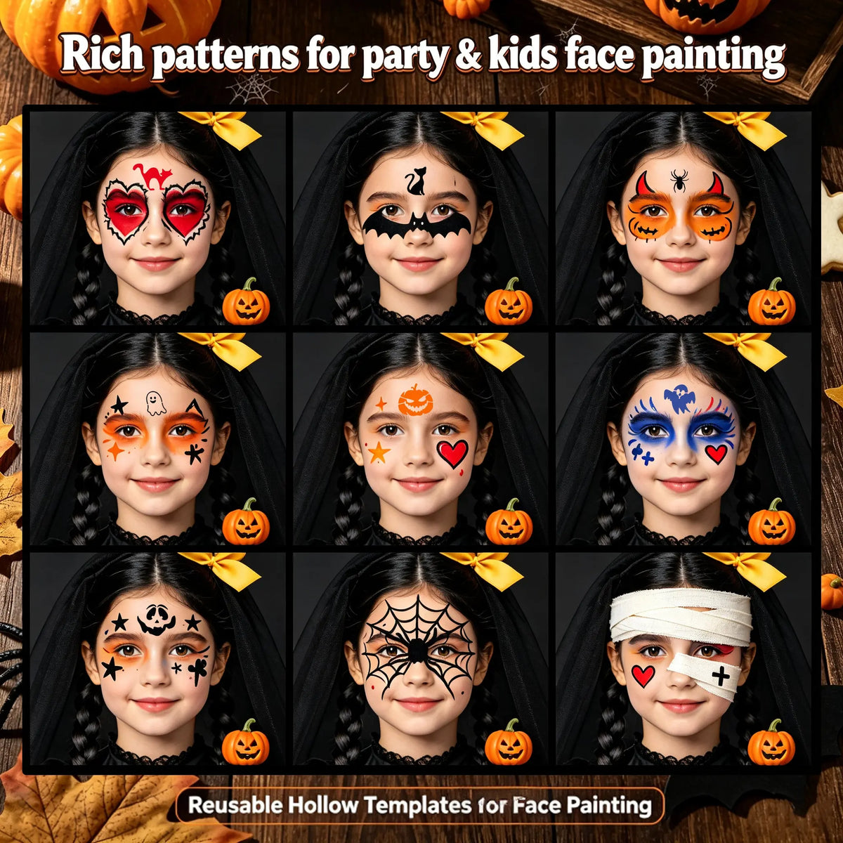 Halloween face painting ideas using Anka Bella stencils, spider web bat devil makeup examples