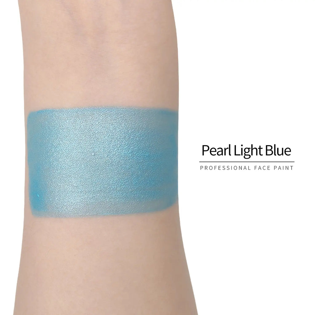 Anka Bella Pearl Light‑Blue face paint arm swatch, soft shimmer light‑blue pearl body paint sample on skin