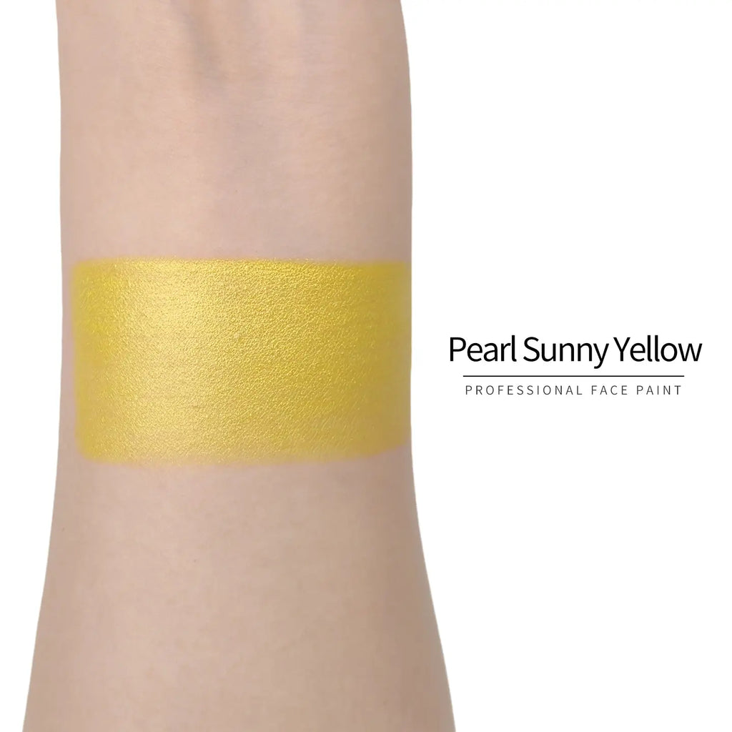 Anka Bella Pearl Sunny‑Yellow face paint arm swatch, bright shimmer sunny‑yellow pearl body paint sample on skin