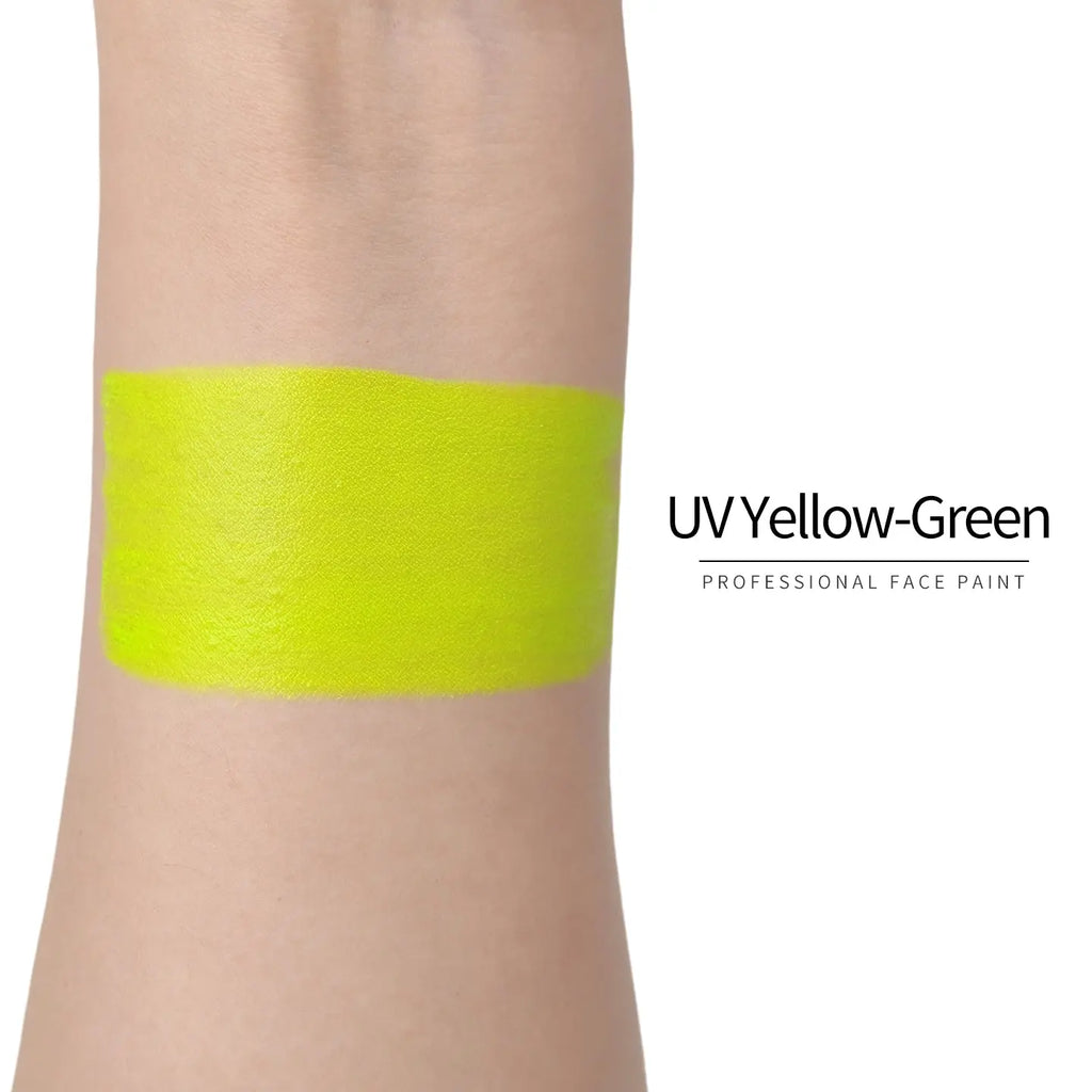 Anka Bella UV Yellow‑Green face paint arm swatch, bright neon yellow‑green UV glow body paint sample