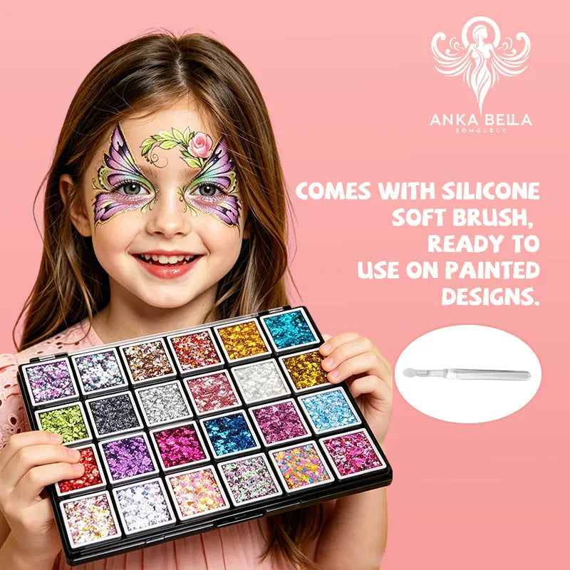 Kid holding Anka Bella glitter palette, butterfly face paint with glitter, soft silicone brush included