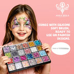 Kid holding Anka Bella glitter palette, butterfly face paint with glitter, soft silicone brush included