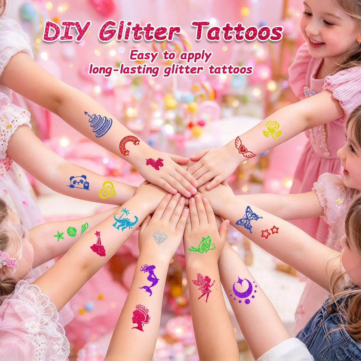 Kids showing colorful Anka Bella DIY glitter temporary tattoos on arms, birthday party body art