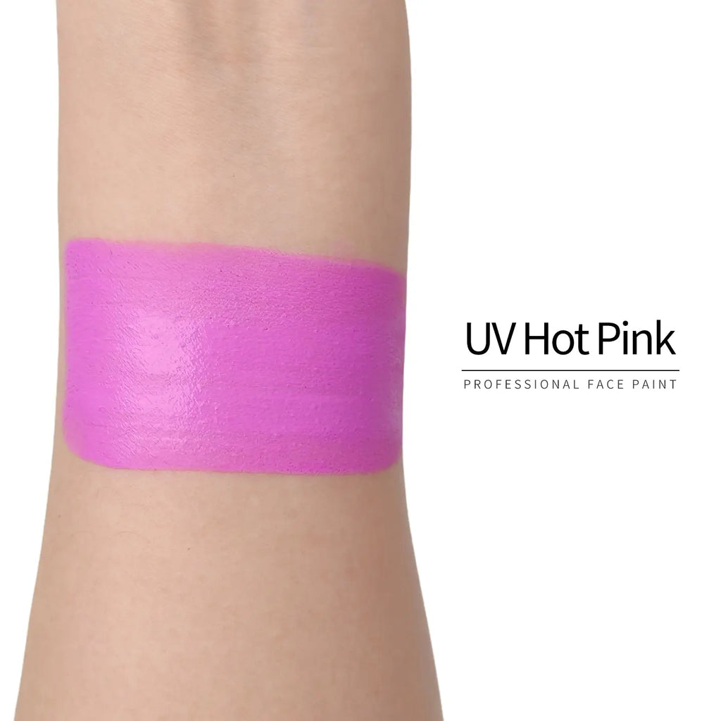 Anka Bella UV Hot Pink face paint arm swatch, bright neon hot pink UV glow body paint sample on skin