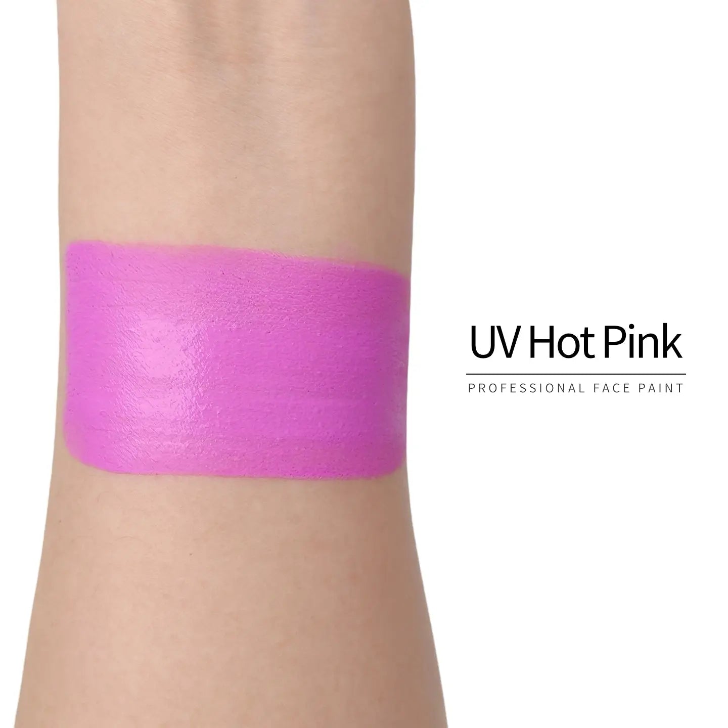 Anka Bella UV Hot Pink face paint arm swatch, bright neon hot pink UV glow body paint sample on skin