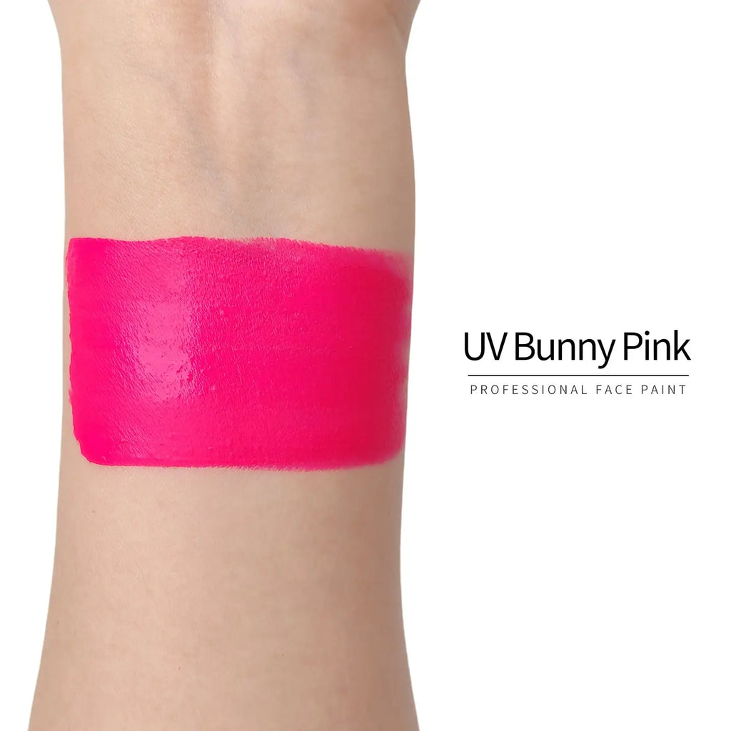 Anka Bella UV Bunny Pink face paint arm swatch, bright neon bunny pink UV glow body paint sample on skin
