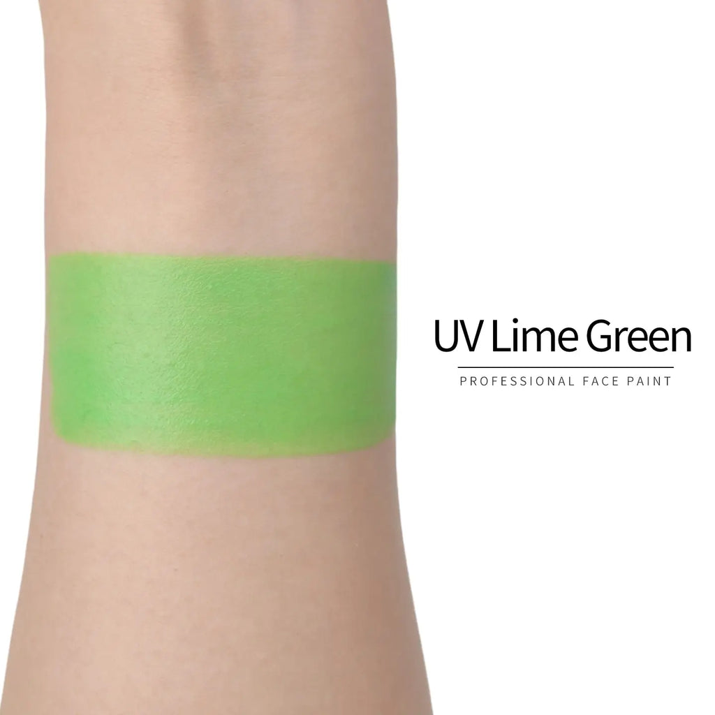 Anka Bella UV Lime Green face paint arm swatch, bright neon lime green UV glow body paint sample on skin