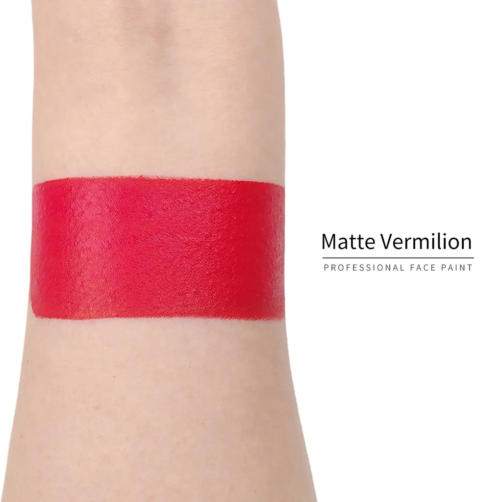 Anka Bella Matte Vermilion face paint arm swatch, rich vermilion red matte body paint sample on skin
