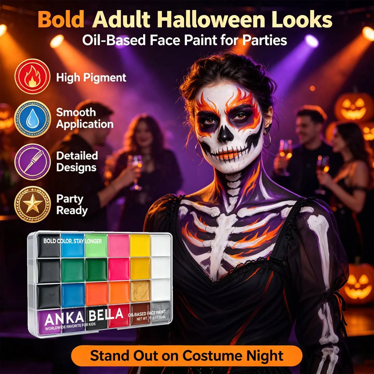 Anka Bella 20 color oil face paint kit for group Halloween party makeup, adult skull and cat face body paint