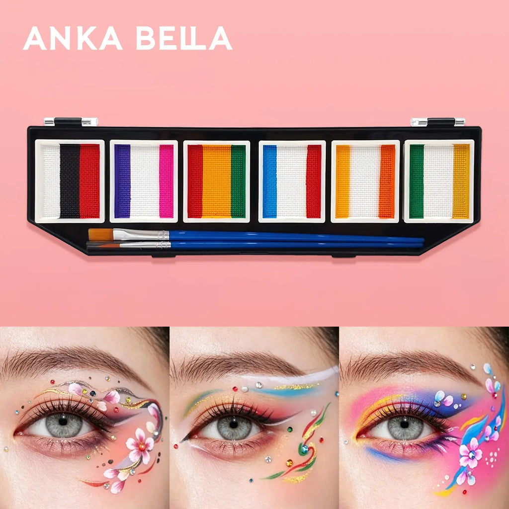Water-activated face paint with 6 opaque colors & 2 brushes