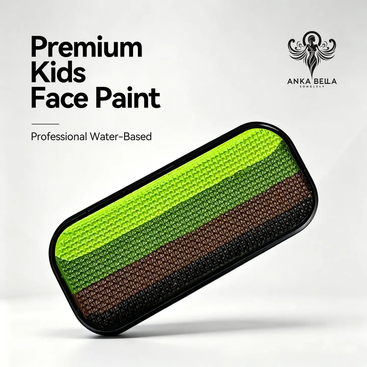 Anka Bella premium kids water-based face paint, 4 camouflage green brown stripe palette in black tin, non-toxic professional face painting supplies