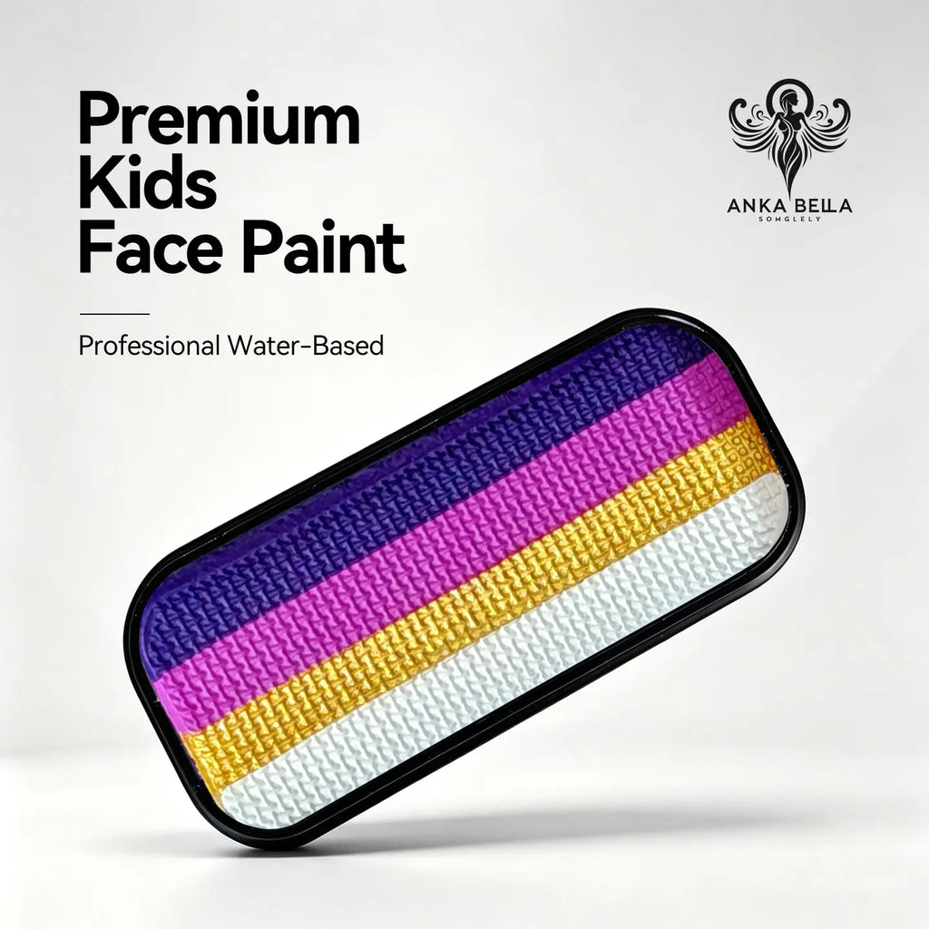 Anka Bella premium kids water-based face paint palette, 4 stripe deep purple magenta gold white gradient face body paint in black tin for witch unicorn face art