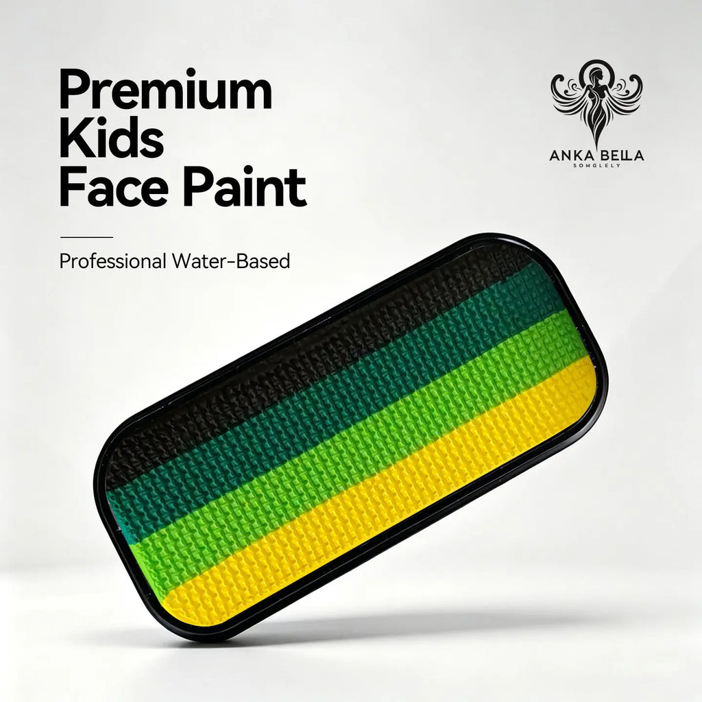Anka Bella premium kids water-based face paint palette, 4 stripe black dark green lime green yellow gradient in black tin for jungle theme, festival and Halloween face art