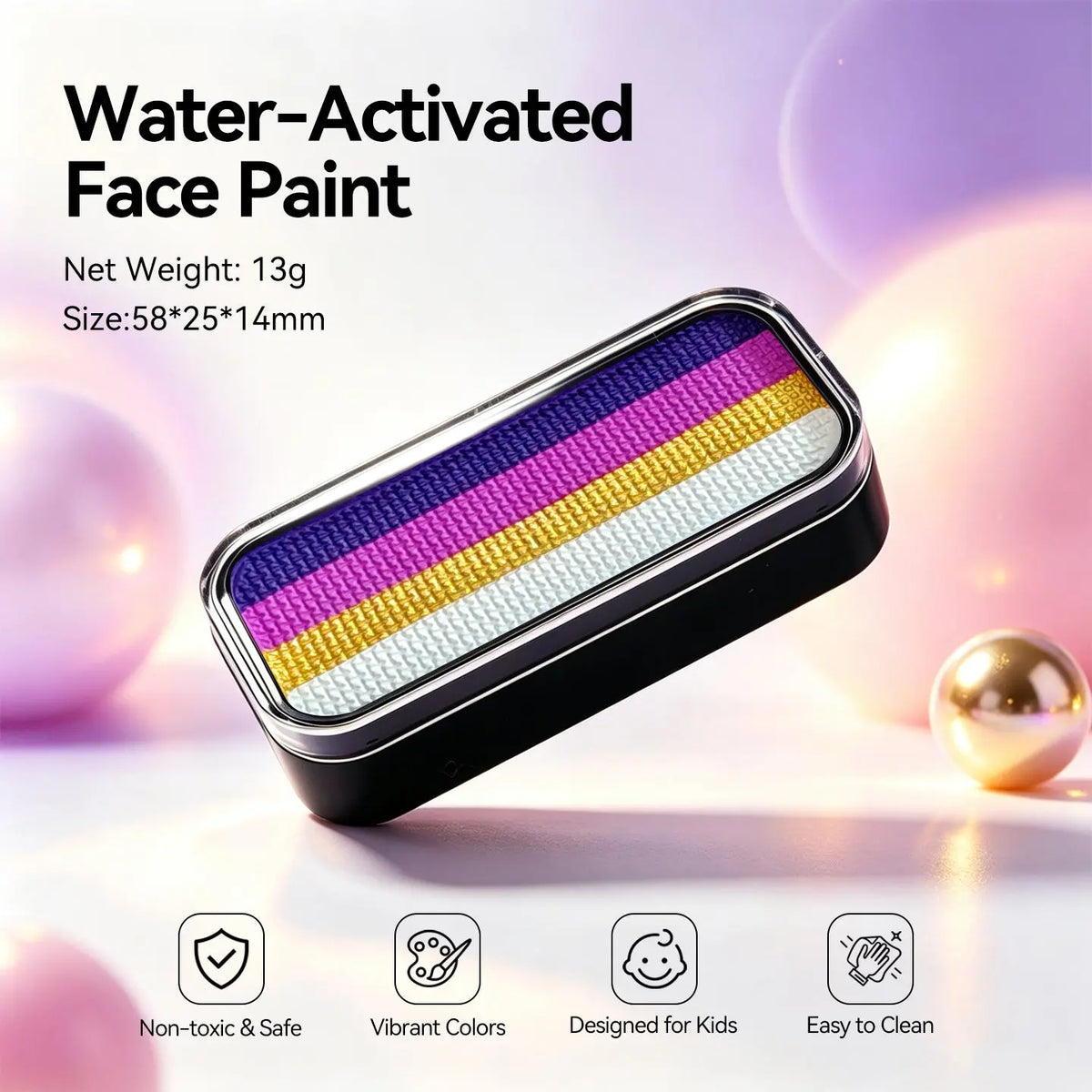 Anka Bella water-activated purple gold face paint tin palette, 13g 58*25*14mm non-toxic vibrant pigment easy to clean for kids fantasy costume makeup