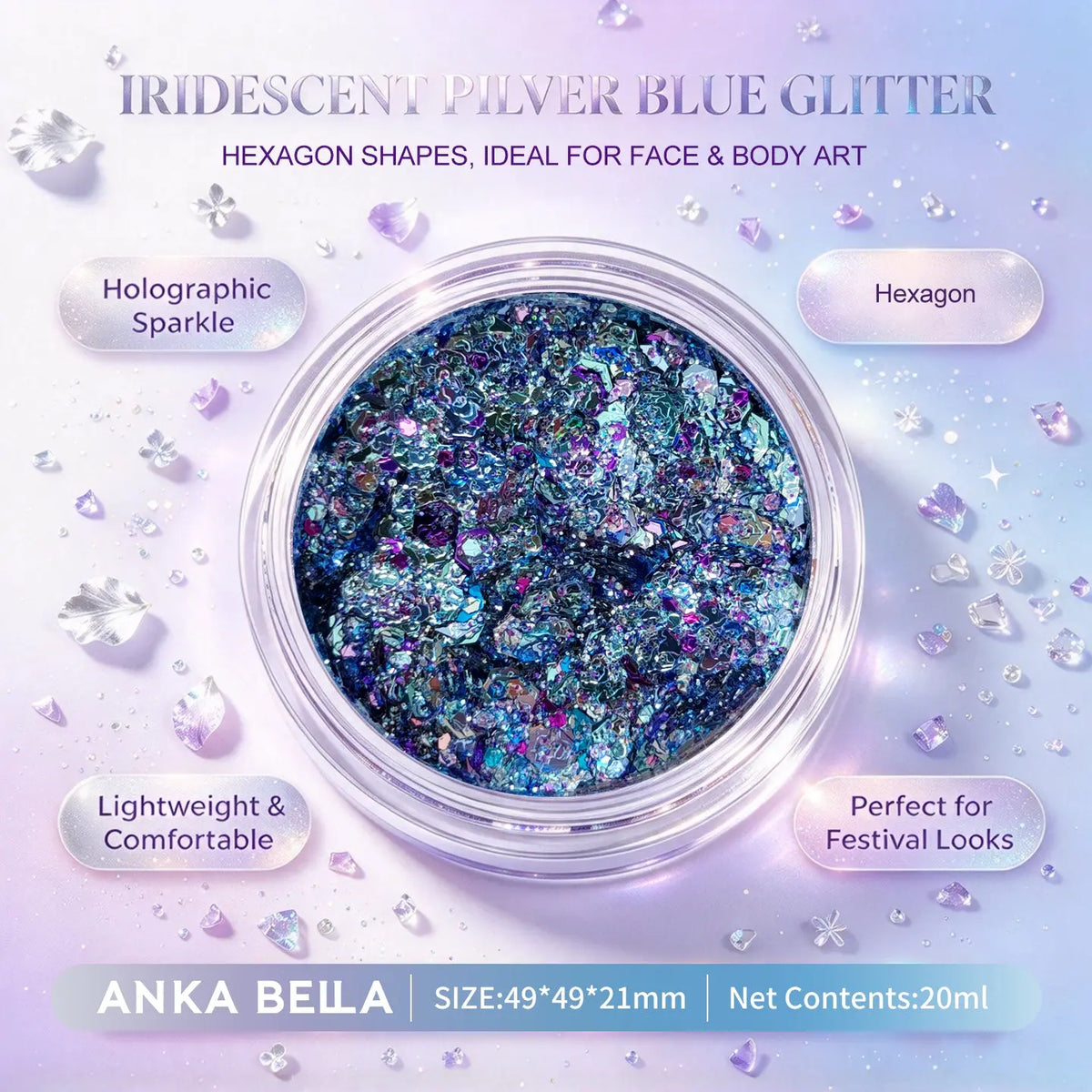 Anka Bella iridescent silver blue holographic face body glitter jar, hexagon sequins for festival makeup