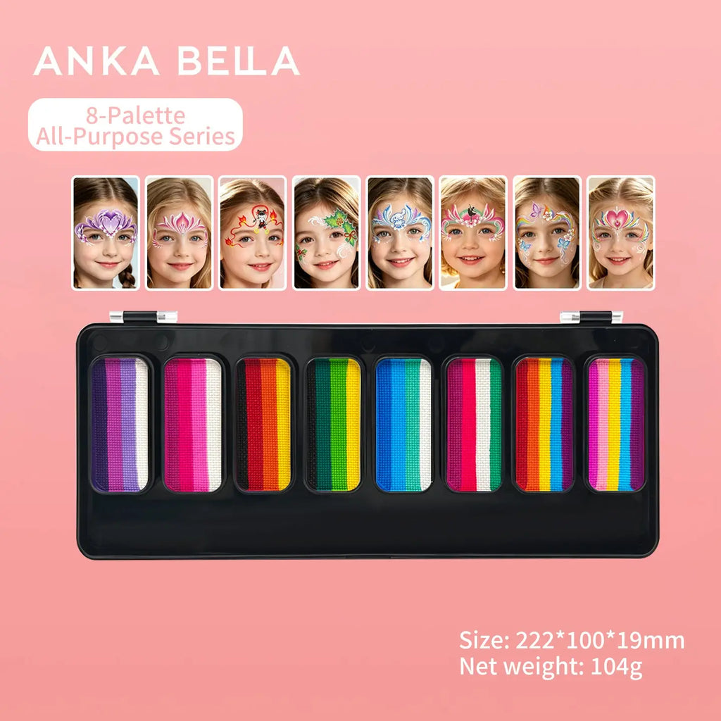 Anka Bella 8‑Palette All‑Purpose Series split cake face paint palette, rainbow face body paint for kids