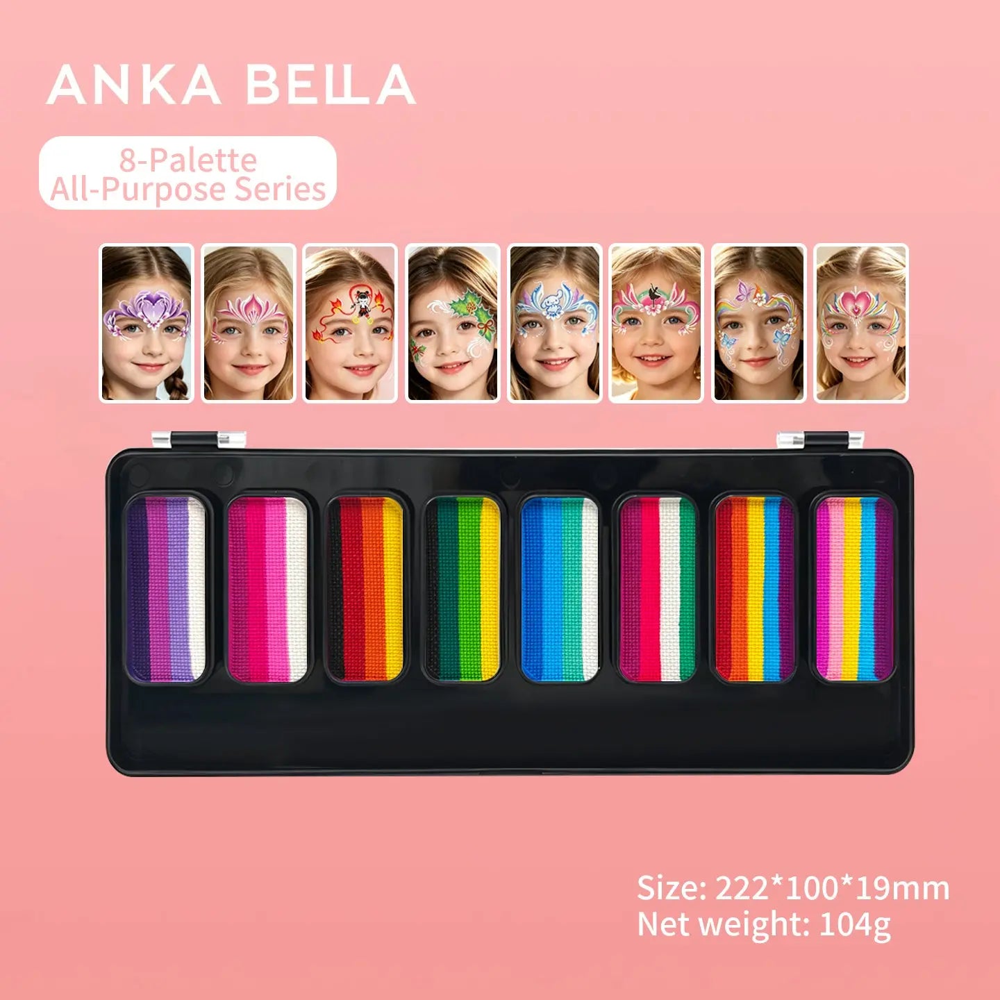 Anka Bella 8‑Palette All‑Purpose Series split cake face paint palette, rainbow face body paint for kids