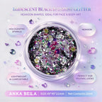 Anka Bella iridescent black rainbow holographic face body glitter jar, hexagon sequins for festival makeup