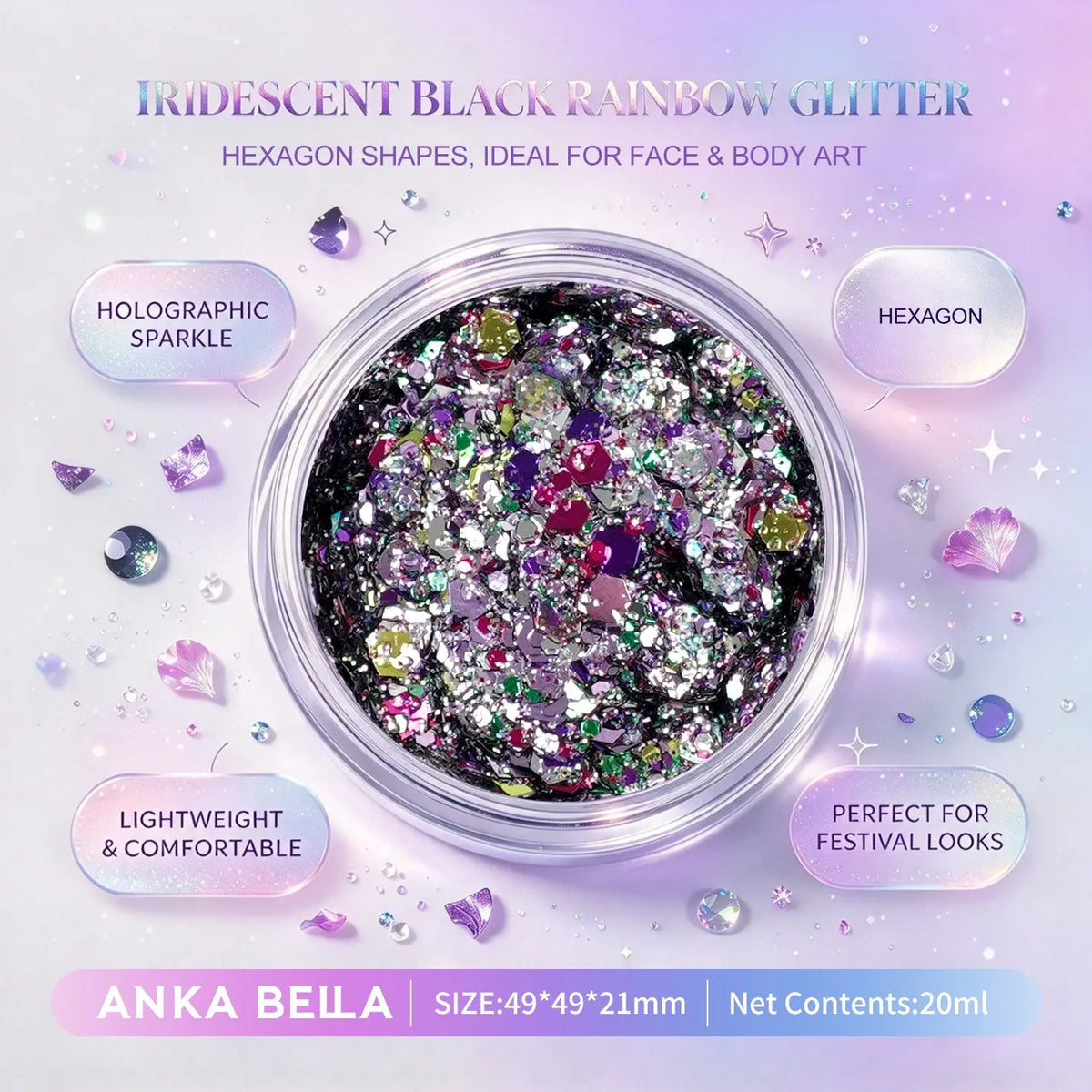 Anka Bella iridescent black rainbow holographic face body glitter jar, hexagon sequins for festival makeup