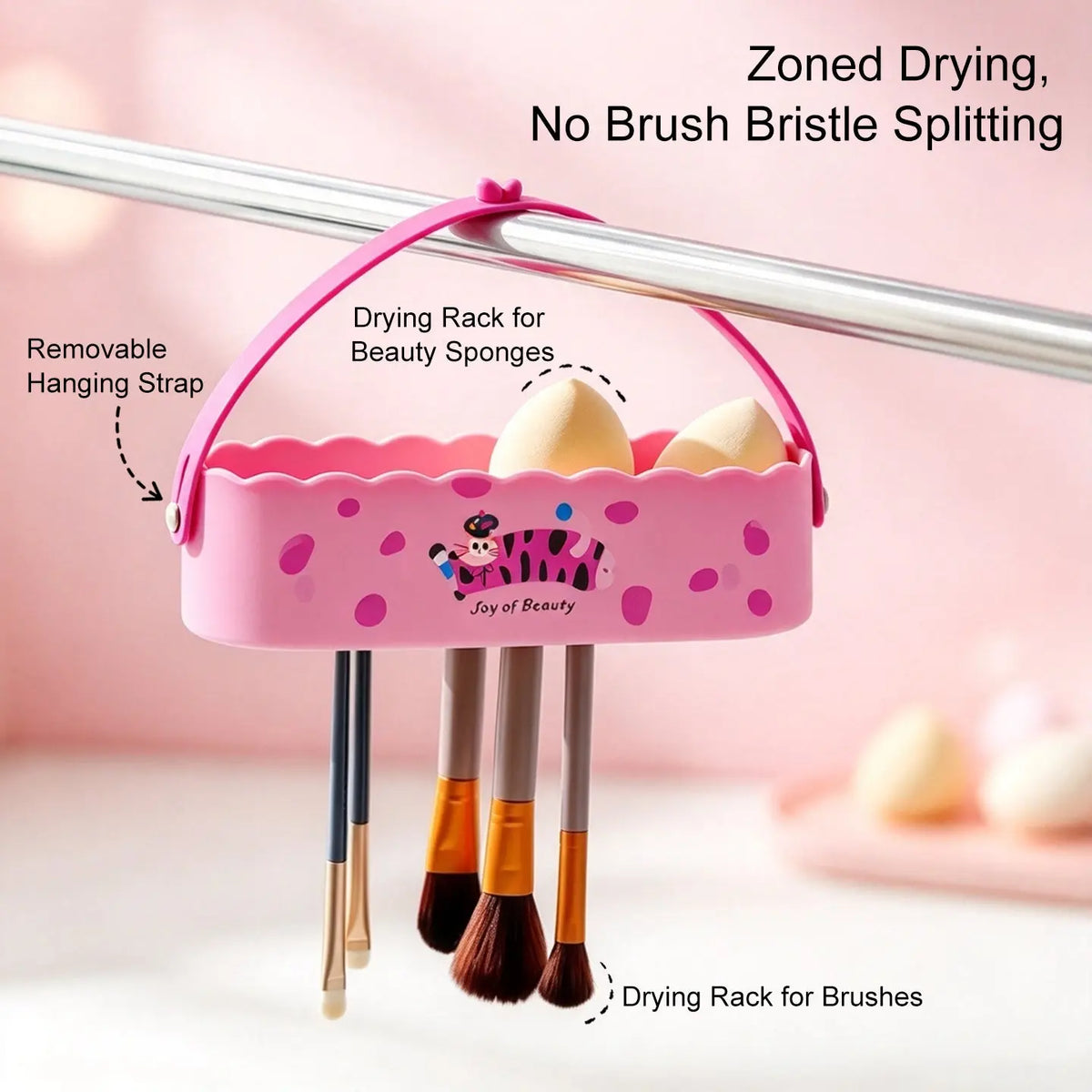 Pink Anka Bella makeup brush washer hanging drying rack, removable strap, zoned drying for makeup brushes and beauty sponges