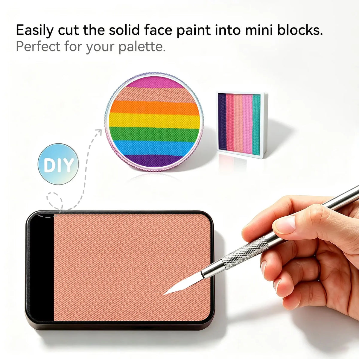 Cut Anka Bella solid matte apricot pink face paint into mini blocks to build custom DIY split‑cake face paint palette