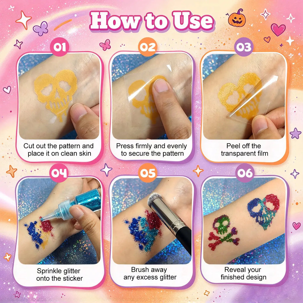 How to use Anka Bella glitter temporary tattoos, 6 step instruction for DIY body glitter tattoo