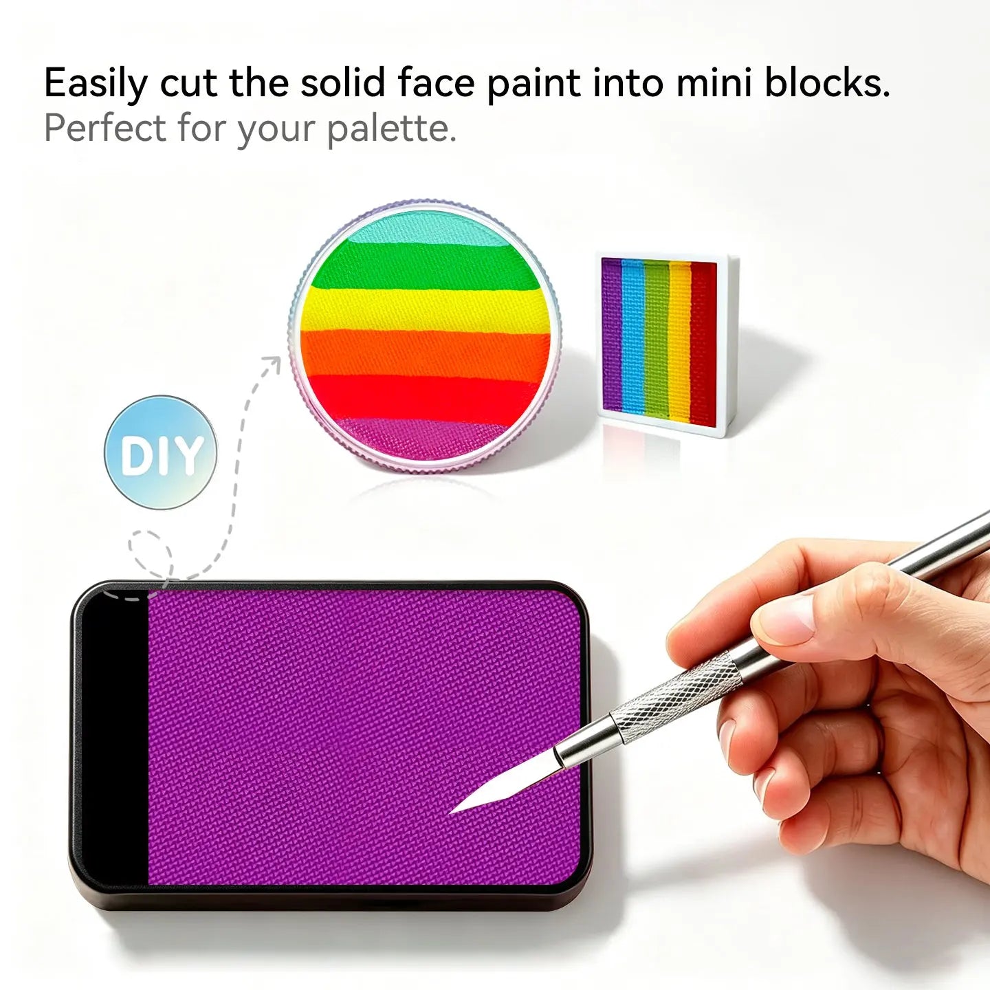 Cut Anka Bella solid UV purple face paint into mini blocks to build custom DIY split cake face paint palette