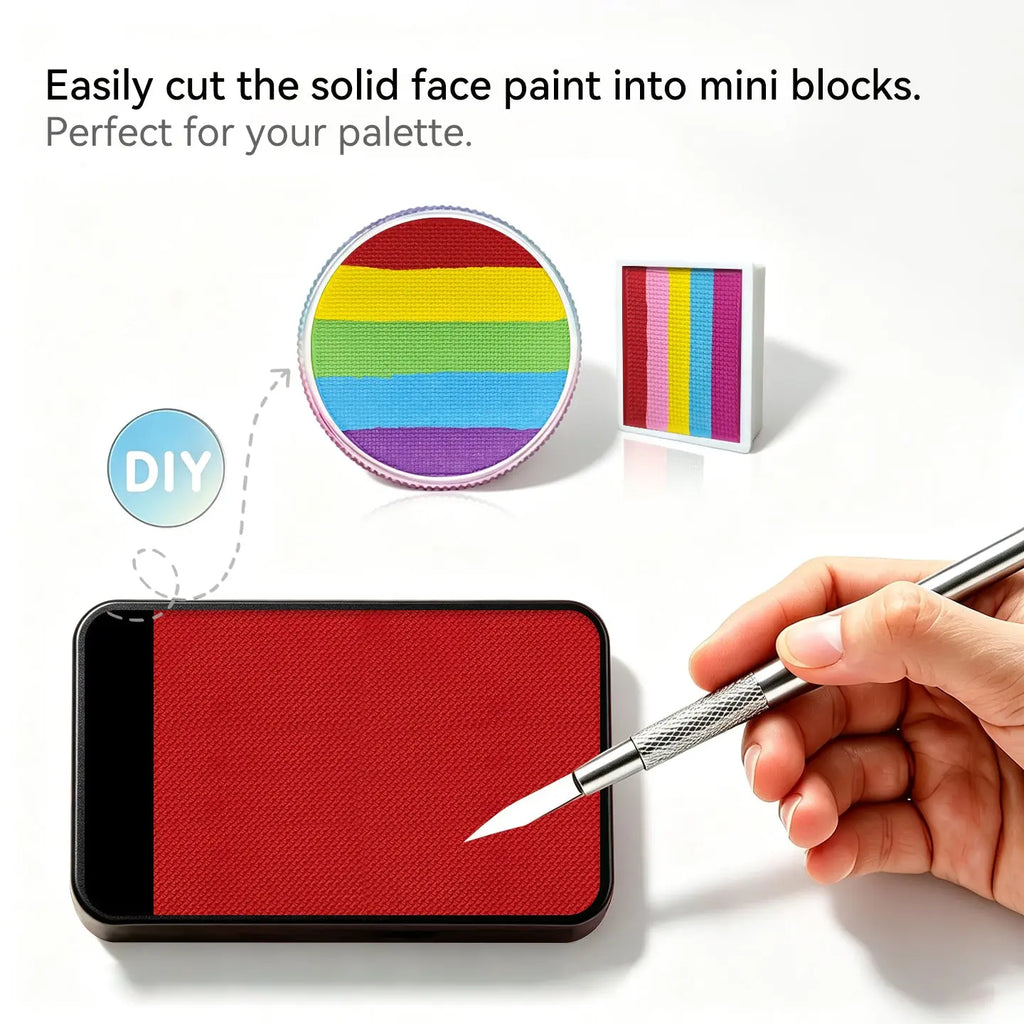 Cut Anka Bella solid matte red face paint into mini blocks to build custom DIY split‑cake face paint palette