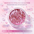 Anka Bella iridescent pink silver holographic face body glitter jar, hexagon sequins for wedding festival makeup