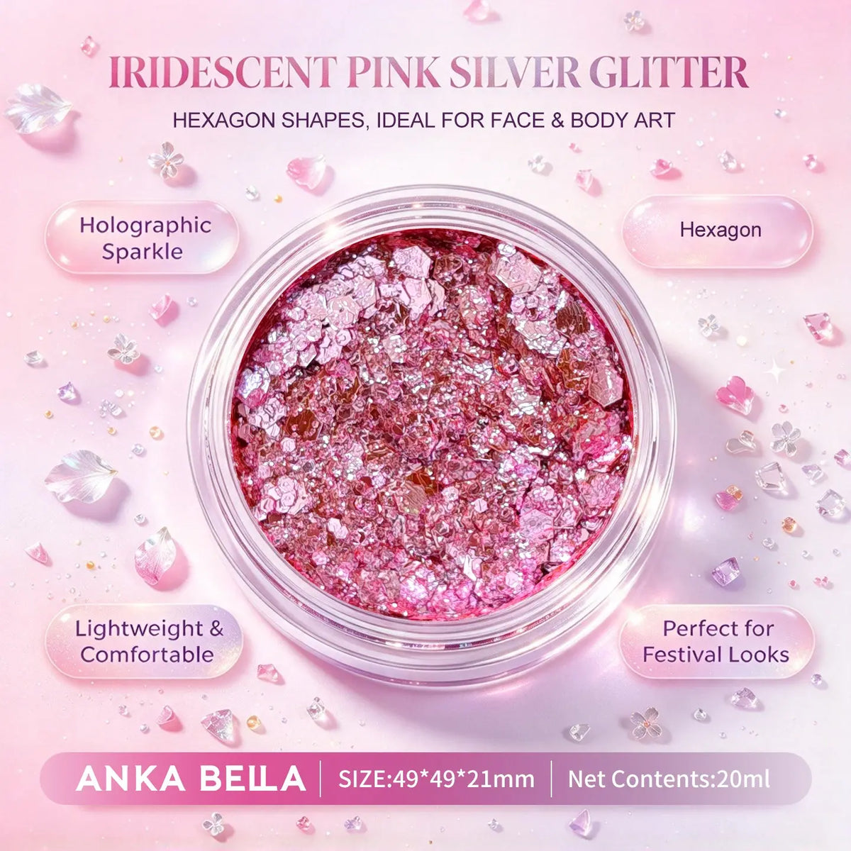 Anka Bella iridescent pink silver holographic face body glitter jar, hexagon sequins for wedding festival makeup