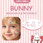 Cute bunny forehead face paint design made with Anka Bella stencil for party makeup