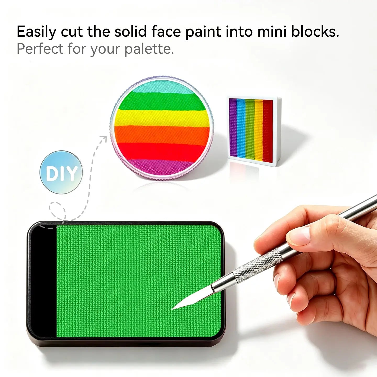 DIY cut Anka Bella solid face paint into mini blocks to build custom face paint palette