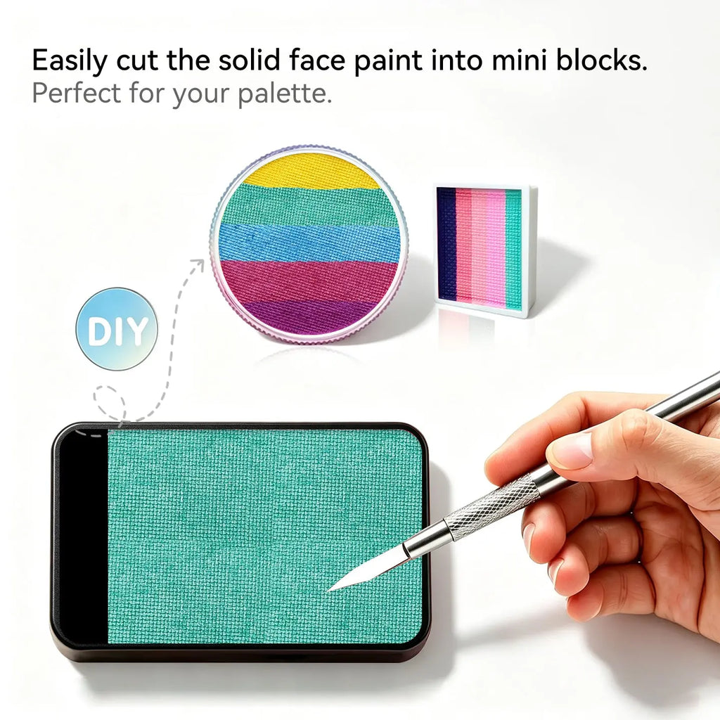 DIY cut Anka Bella solid pearl teal‑green face paint into mini blocks to build custom split‑cake face paint palette