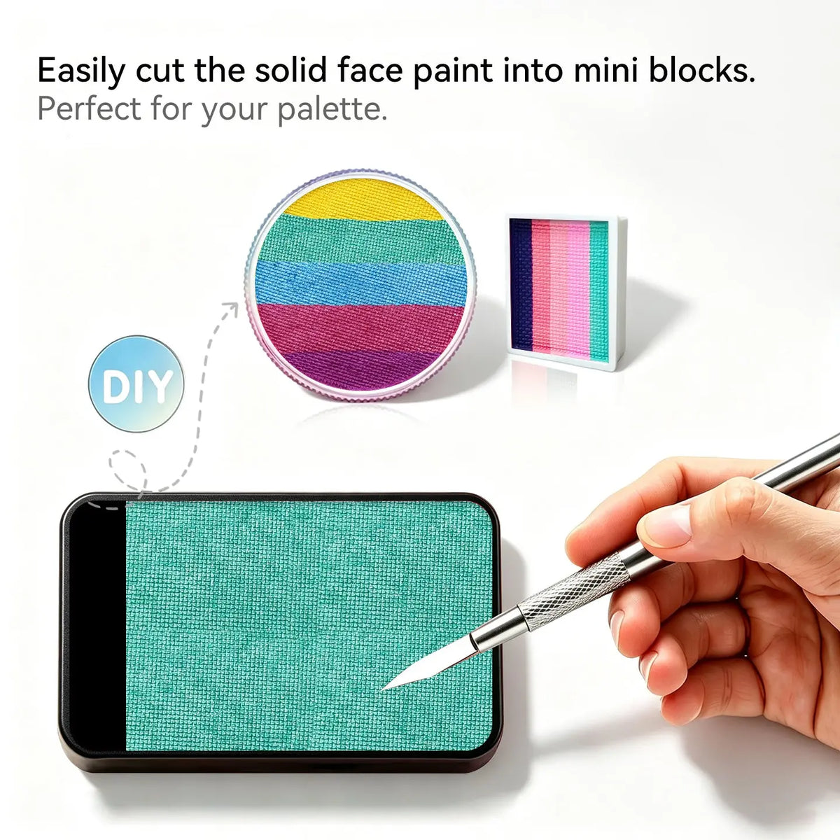 DIY cut Anka Bella solid pearl teal‑green face paint into mini blocks to build custom split‑cake face paint palette