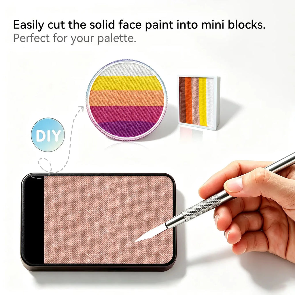 DIY cut Anka Bella solid pearl brick‑red face paint into mini blocks to build custom split‑cake face paint palette