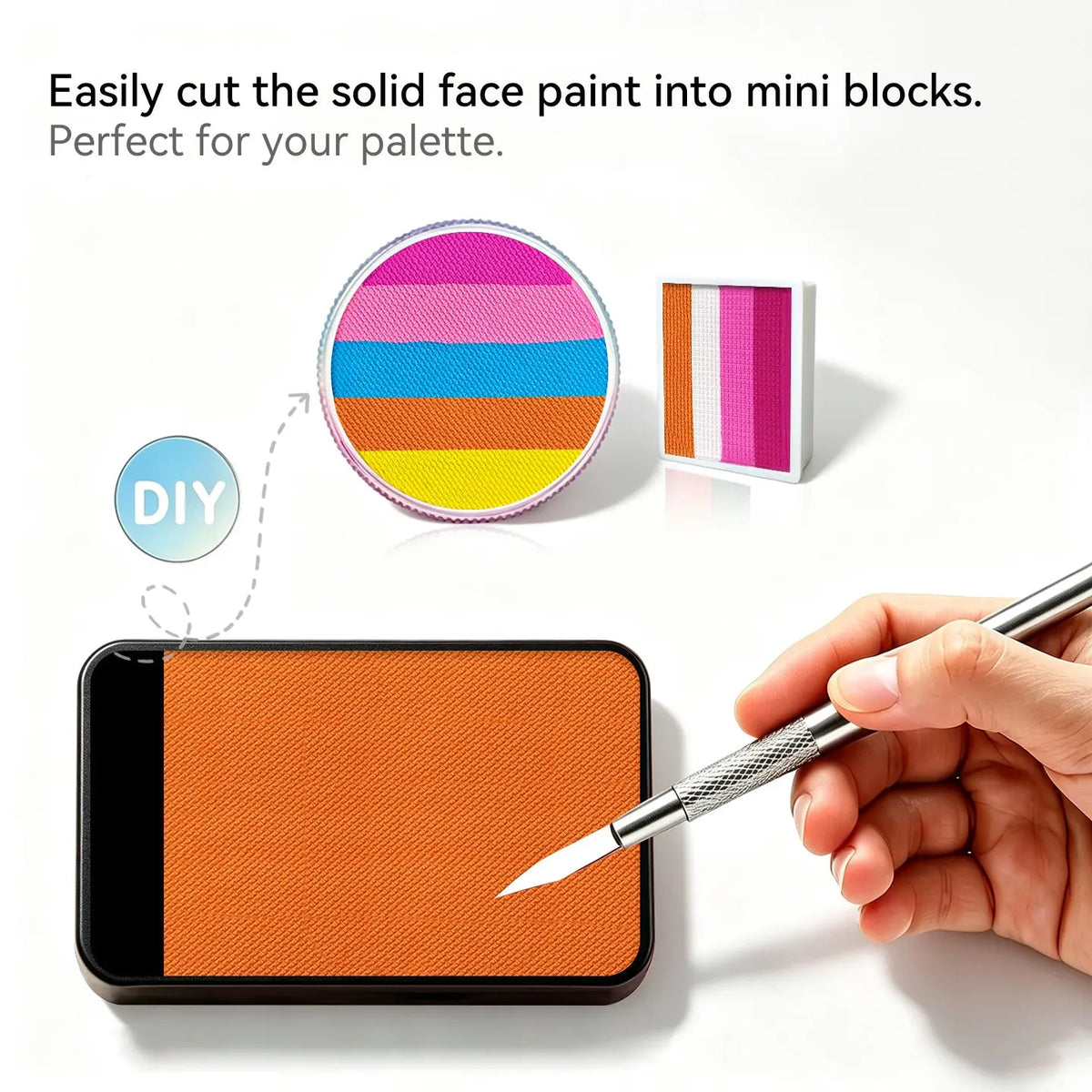DIY cut solid face paint block, Anka Bella matte orange face paint for custom palette