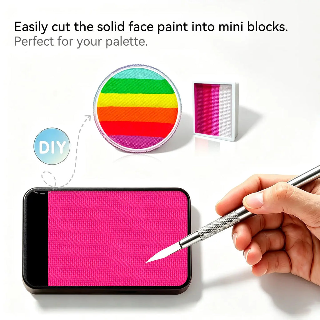 Cut Anka Bella solid UV bunny pink face paint into mini blocks to build custom DIY split cake face paint palette