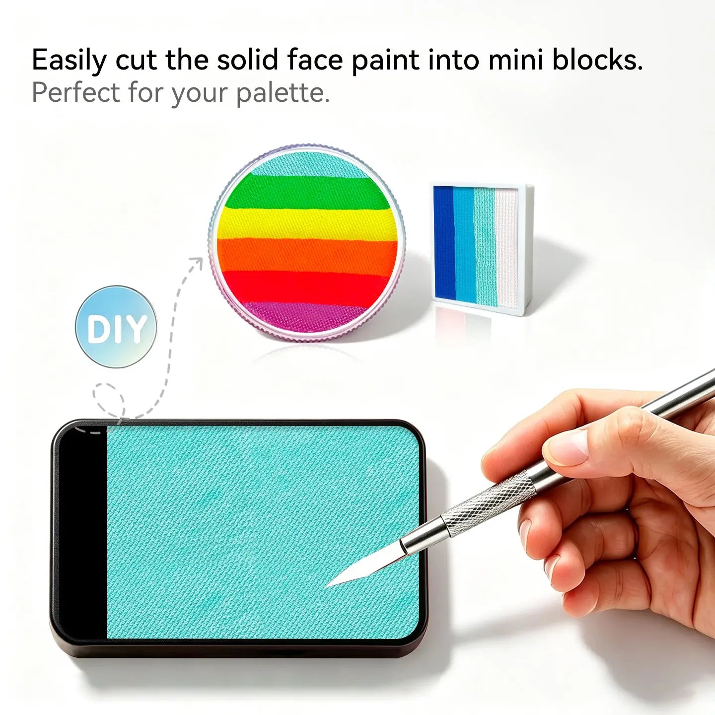 DIY cut Anka Bella solid pearl turquoise face paint into mini blocks to build custom split‑cake face paint palette
