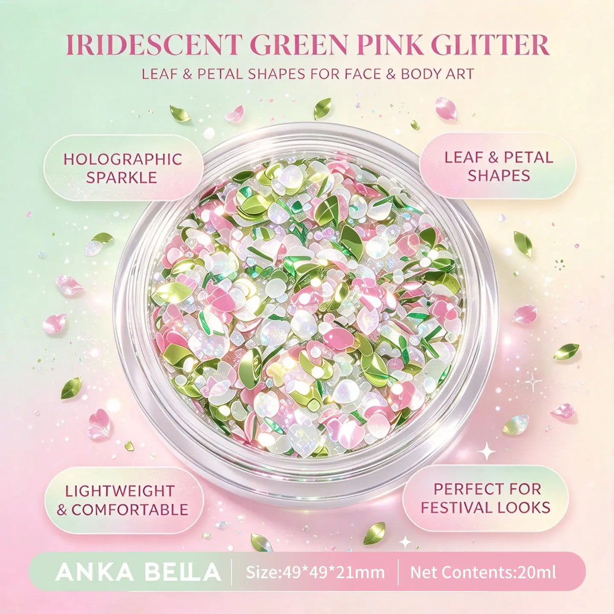 Anka Bella iridescent green pink glitter jar, leaf petal holographic sequins for face body festival makeup