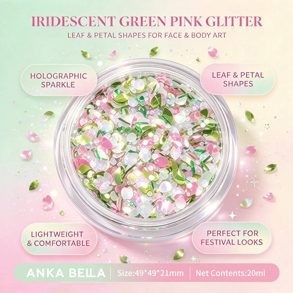 Anka Bella iridescent green pink glitter jar, leaf petal holographic sequins for face body festival makeup