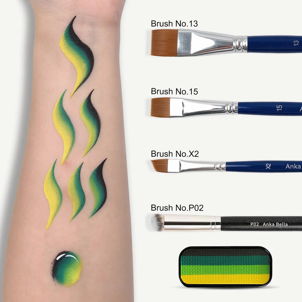 Anka Bella face paint swatch on arm with face painting brushes,Black Dark Green Lime Green Yellow