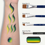 Anka Bella face paint swatch on arm with face painting brushes,Black Dark Green Lime Green Yellow