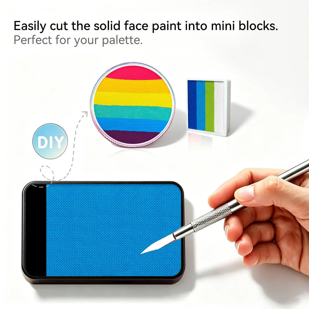Cut Anka Bella solid matte ocean blue face paint into mini blocks to build custom DIY split‑cake face paint palette