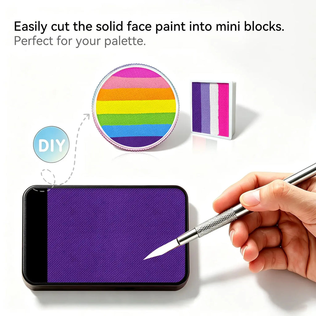 DIY cut solid face paint block, Anka Bella matte purple face paint for custom palette
