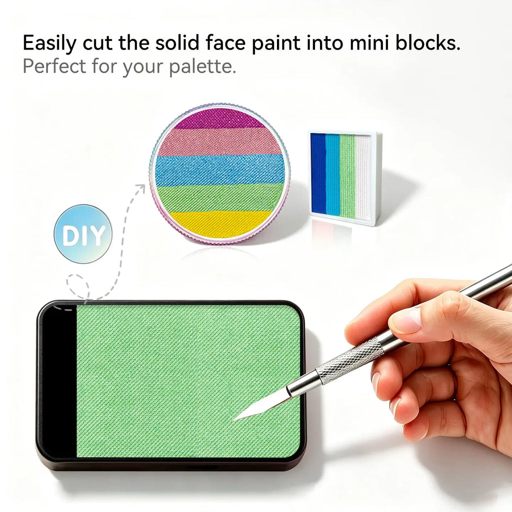 Cut Anka Bella solid pearl mint green face paint into mini blocks to build custom DIY split cake face paint palette
